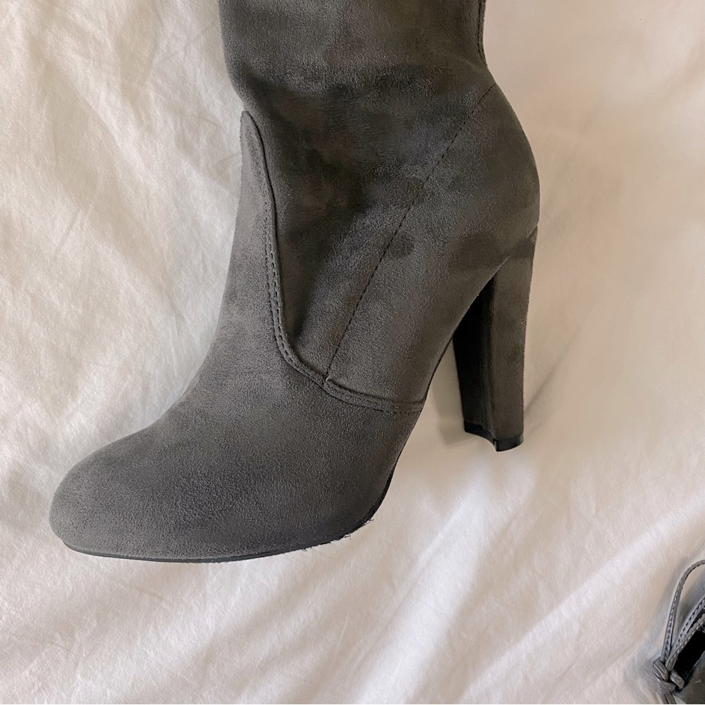 Charlotte Russe Charcoal Gray Suede Amaya Heeled Boot - Picture 4 of 12